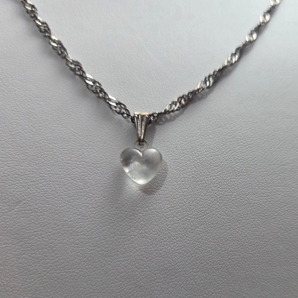 Vintage 14KGP Singapore Rope Chain Necklace Frosted Glass Heart Pendant 20"